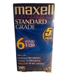 Lot of 5 Maxell T-120 Standard Grade 6 Hour Blank VHS VCR Video Tapes NEW Sealed